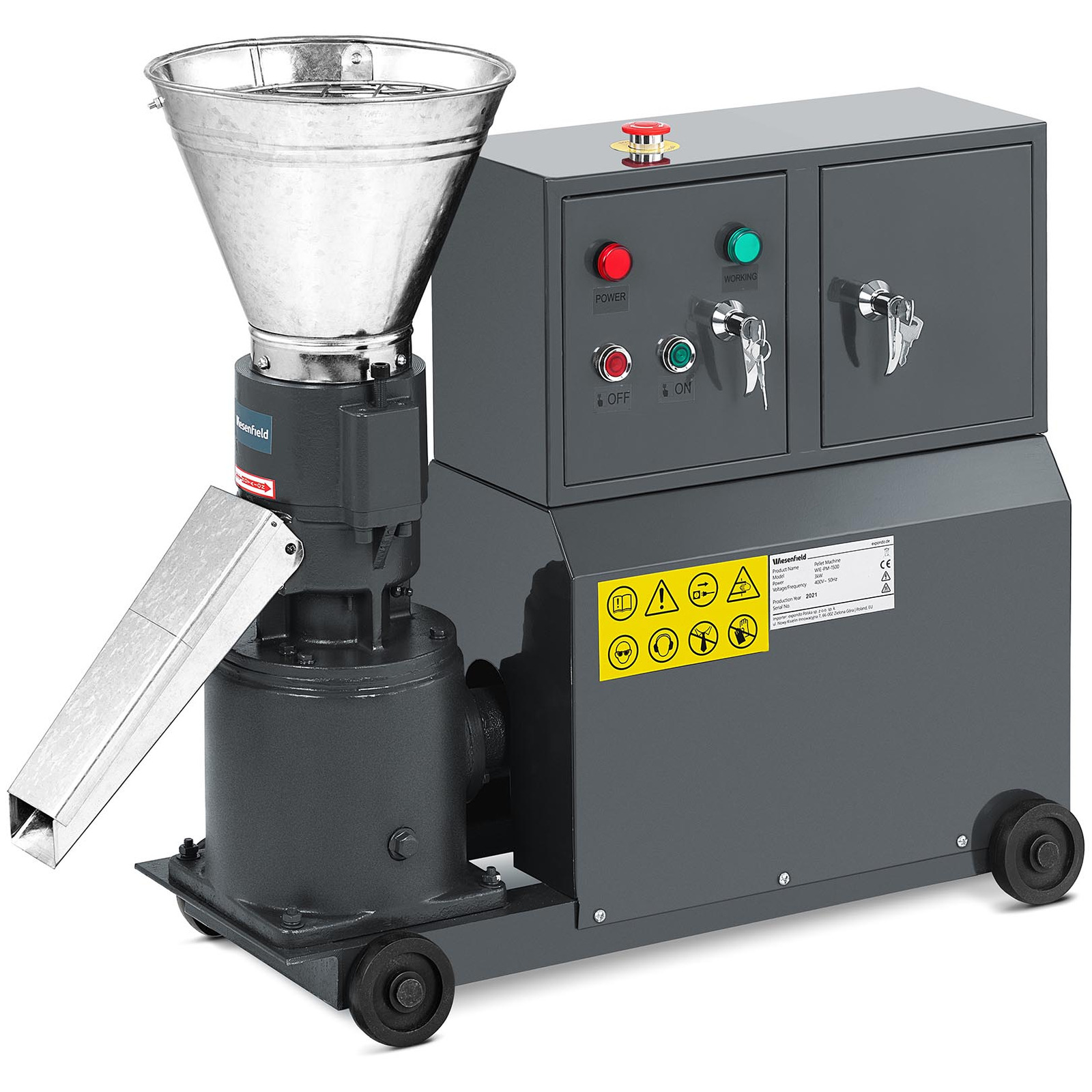 Pelletpresse Wiesenfield WIE-PM-1500 – 60–100 kg/h Futter, 40–60 kg/h Holzspäne – Gusseisen und Stahl